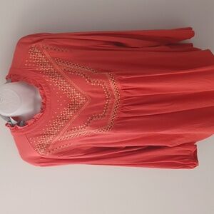 70s Dark Coral Crepe Boho Blouse Embroidered Torrid Sz 3 18